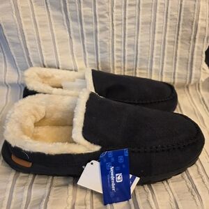 NewDenber Black Microsuede Moccasin Slippers – Faux Fur Lined |
